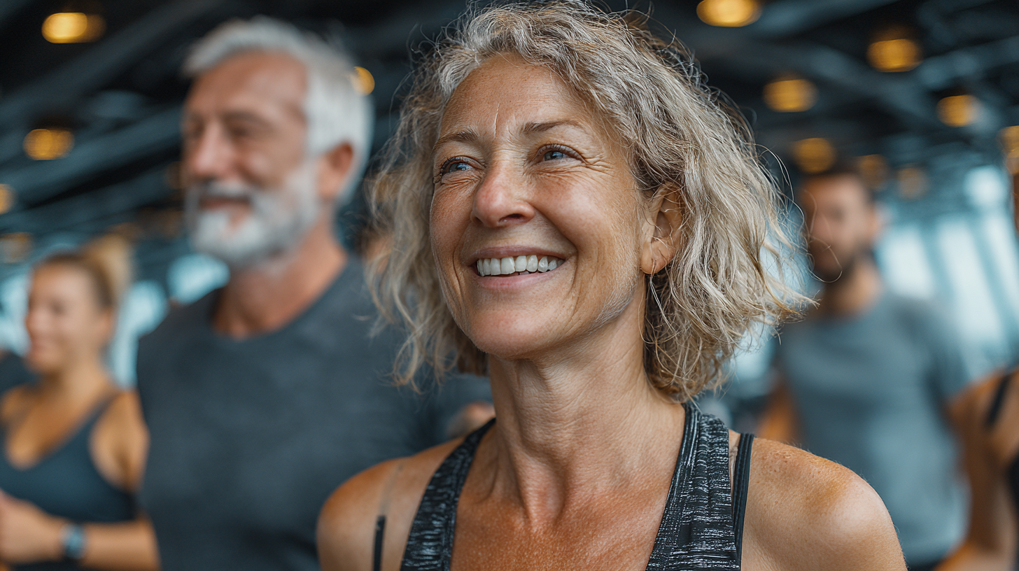 Grup de persoane mature făcând exerciții în parcul natural